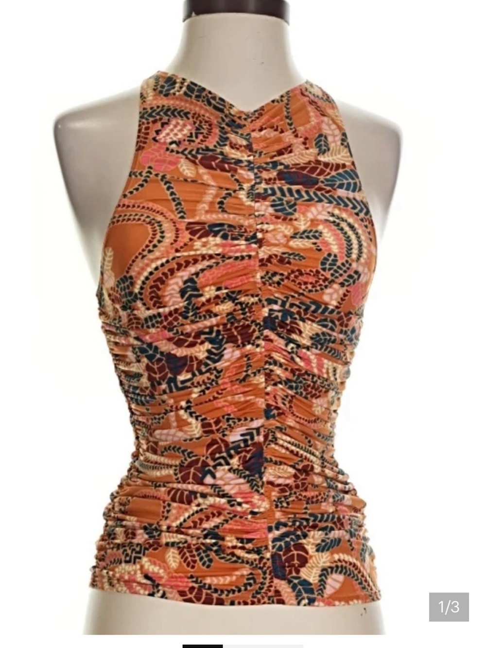 A.L.C. Orange Multi-Print Ruched Halter Tank